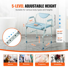 Commode Chair, Bedside Commode with Drop-Down Arms and Detachable Backrest, 5-Level Adjustable Height, 7L Removable Bucket, Easy to Assemble, 1000LBS Capacity, Portable Toilet for Adults Seniors