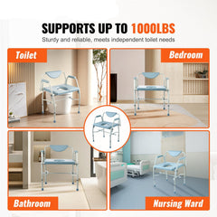 Commode Chair, Bedside Commode with Drop-Down Arms and Detachable Backrest, 5-Level Adjustable Height, 7L Removable Bucket, Easy to Assemble, 1000LBS Capacity, Portable Toilet for Adults Seniors
