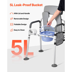 Bedside Commode Chair, 227 kg Capacity, 4-in-1 Portable Toilet and Raised Toilet Seat with Padded Seat & Backrest, Detachable 5L Bucket, Adjustable Height & Width Adult Potty Chair for Seniors