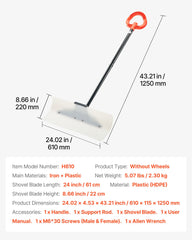 Snow Pusher Shovel, 61 cm Wide Outdoor Snowplow Shovel with Ergonomic Grip, HDPE Plastic Blade, Winter Shovels with Segmented Handle, Portable Snow Removal Tool for Driveway Garden Camping