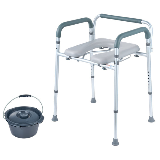 Commode Chair, Bedside Commode with Padded Seat and Arms, 7-Level Adjustable Height, 5.8L Removable Bucket, Easy to Assemble, 350 LBS Capacity, Raised Toilet Seat for Adults Seniors