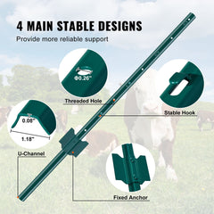 3 Feet Fence Post, 10 Pack U-Channel Heavy Duty Metal Fence Posts, Sturdy Steel Fence Stakes for Garden Yard, Lawn, Farms and Outdoor Wire Fencing, Green
