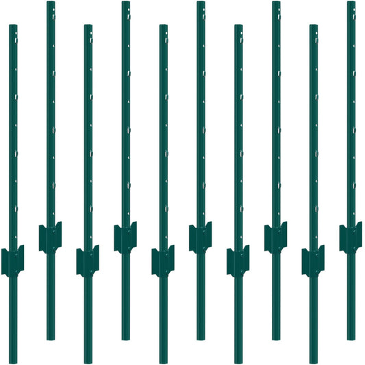 3 Feet Fence Post, 10 Pack U-Channel Heavy Duty Metal Fence Posts, Sturdy Steel Fence Stakes for Garden Yard, Lawn, Farms and Outdoor Wire Fencing, Green
