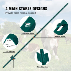 6 Feet Fence Post, 10 Pack U-Channel Heavy Duty Metal Fence Posts, Sturdy Steel Fence Stakes for Garden Yard, Lawn, Farms and Outdoor Wire Fencing, Green