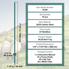 6 Feet Fence Post, 10 Pack U-Channel Heavy Duty Metal Fence Posts, Sturdy Steel Fence Stakes for Garden Yard, Lawn, Farms and Outdoor Wire Fencing, Green