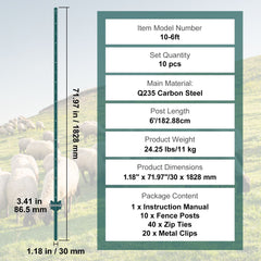 6 Feet Fence Post, 10 Pack U-Channel Heavy Duty Metal Fence Posts, Sturdy Steel Fence Stakes for Garden Yard, Lawn, Farms and Outdoor Wire Fencing, Green