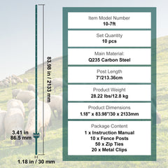 7 Feet Fence Post, 10 Pack U-Channel Heavy Duty Metal Fence Posts, Sturdy Steel Fence Stakes for Garden Yard, Lawn, Farms and Outdoor Wire Fencing, Green