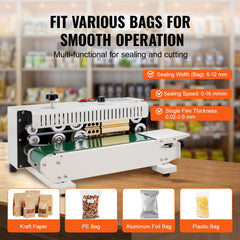 Continuous Bag Band Sealing Machine, 6-12 mm Seal Width, Horizontal Band Sealer Machine with Digital Temperature Control, Carbon Steel Bag Sealer for 0.02-0.8 mm Plastic Bags Films Membrane