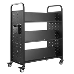 Rolling Library Book Cart, 150 kg Capacity, 97 x 51.5 x 122.5 cm Library Cart, Double Sided W-Shaped Shelves with 76.2 mm Lockable Wheels, Book Truck for Home Shelves Office and School, Black