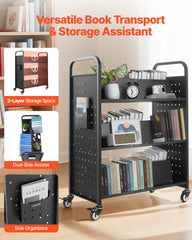Rolling Library Book Cart, 150 kg Capacity, 97 x 51.5 x 122.5 cm Library Cart, Double Sided W-Shaped Shelves with 76.2 mm Lockable Wheels, Book Truck for Home Shelves Office and School, Black
