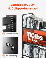 Rolling Library Book Cart, 150 kg Capacity, 97 x 51.5 x 122.5 cm Library Cart, Double Sided W-Shaped Shelves with 76.2 mm Lockable Wheels, Book Truck for Home Shelves Office and School, Black