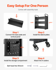 Rolling Library Book Cart, 150 kg Capacity, 97 x 51.5 x 122.5 cm Library Cart, Double Sided W-Shaped Shelves with 76.2 mm Lockable Wheels, Book Truck for Home Shelves Office and School, Black