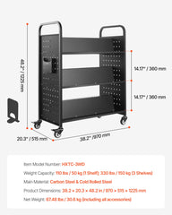 Rolling Library Book Cart, 150 kg Capacity, 97 x 51.5 x 122.5 cm Library Cart, Double Sided W-Shaped Shelves with 76.2 mm Lockable Wheels, Book Truck for Home Shelves Office and School, Black