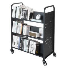 Rolling Library Book Cart, 150 kg Capacity, 97 x 51.5 x 122.5 cm Library Cart, Double Sided W-Shaped Shelves with 76.2 mm Lockable Wheels, Book Truck for Home Shelves Office and School, Black