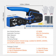 RJ45 Crimp Tool Kit, Cat5e/Cat6/Cat6a Ethernet Crimper Crimp Pliers for 8-Pin Modular Plugs with 20pcs Pass-Through Connectors and Covers, Wire Stripper and Network Tester