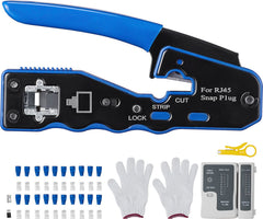 RJ45 Crimp Tool Kit, Cat5e/Cat6/Cat6a Ethernet Crimper Crimp Pliers for 8-Pin Modular Plugs with 20pcs Pass-Through Connectors and Covers, Wire Stripper and Network Tester