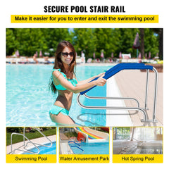 Swimming Pool Handrail Ladder Handrail Stainless Steel Rail w/ Base Plate