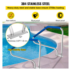 Swimming Pool Handrail Ladder Handrail Stainless Steel Rail w/ Base Plate