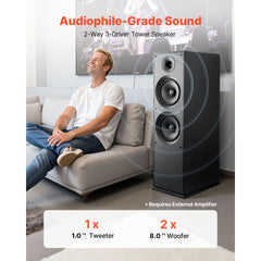 Floorstanding Speaker, 2-Way, Floor-Standing Tower Speaker with 25.4 mm Tweeter, Dual 203.2 mm Woofers, 600W Peak, 50Hz–20kHz Frequency Response, Durable MDF Enclosure, for Home Audio, Single