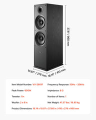 Floorstanding Speaker, 2-Way, Floor-Standing Tower Speaker with 25.4 mm Tweeter, Dual 203.2 mm Woofers, 600W Peak, 50Hz–20kHz Frequency Response, Durable MDF Enclosure, for Home Audio, Single