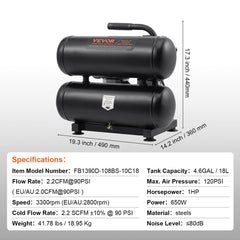 Air Compressor Compact Portable Oil Free Compressor 18L 90 PSI