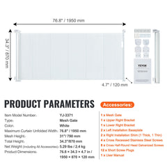 Retractable Baby Gate, 34.2" Tall Mesh Baby Gate, Extends up to 76.8" Wide Retractable Gate for Kids or Pets, Retractable Dog Gates for Indoor Stairs, Doorways, Hallways, Playrooms, White