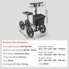 Folding Knee Scooter, Aluminum Steerable Knee Walker with Height-Adjustable Handlebar & Knee Pad, 12" All-Terrain Wheels, Dual Brakes, Leg Recovery Scooter for Broken Ankle Foot Injuries, 159KG