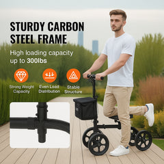 Folding Knee Scooter, Carbon Steel Steerable Knee Walker with Height-Adjustable Handlebar & Knee Pad, All-Terrain Solid Wheels, Dual Brakes, Leg Recovery Scooter for Broken Ankle Foot Injuries