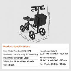 Folding Knee Scooter, Carbon Steel Steerable Knee Walker with Height-Adjustable Handlebar & Knee Pad, All-Terrain Solid Wheels, Dual Brakes, Leg Recovery Scooter for Broken Ankle Foot Injuries