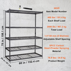 Storage Shelving Unit, 5-Tier Adjustable, 2000 lbs Capacity, Heavy Duty Garage Shelves Metal Organizer Wire Rack, Black, 60" L x 24" W x 78" H for Kitchen Pantry Basement Bathroom Laundry Closet
