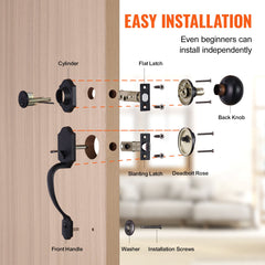 Front Door Handle and Deadbolt Set, Matte Black Single Cylinder Handles with Interior Knob, Adjustable for Right and Left Hand Doors