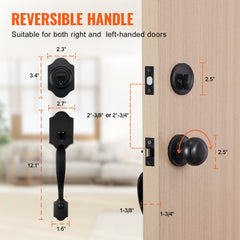 Front Door Handle and Deadbolt Set, Matte Black Single Cylinder Handles with Interior Knob, Adjustable for Right and Left Hand Doors