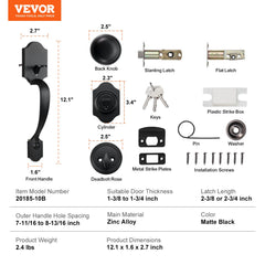 Front Door Handle and Deadbolt Set, Matte Black Single Cylinder Handles with Interior Knob, Adjustable for Right and Left Hand Doors