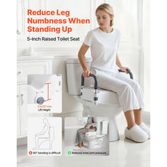 Raised Toilet Seat with Arms, 136.1 kg Load Capacity, 127 mm Lift Height, Widened Commode Elevated Toilet Seat Riser with Padded Handles for Seniors, Elderly, Handicap, Disabled, and Adults Use