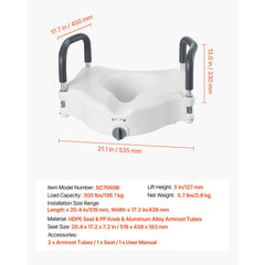 Raised Toilet Seat with Arms, 136.1 kg Load Capacity, 127 mm Lift Height, Widened Commode Elevated Toilet Seat Riser with Padded Handles for Seniors, Elderly, Handicap, Disabled, and Adults Use
