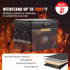 Fireproof Document Box, Fireproof Document Bag with Lock 2000_, Fireproof and Waterproof File Box 450x140x315 mm with Zipper & Handle, for Money, Documents, Jewelry and Passport