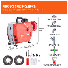 Drain Cleaner Machine 120FT x 7/8" 420W Sewer Snake Auger Manual Feed