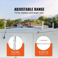 Van Roof Ladder Rack, 2 Bars Aluminum Alloy Roof Ladder Racks, 181 kg Capacity Rain-Gutter Van Roof Rack, Adjustable Length 1300-2060 mm, Van Ladder Rack for Van, Cargo, Trailer