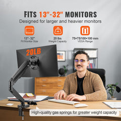 Single Monitor Mount, Supports 13"-32", 330-813 mm Screen, Fully Adjustable Gas Spring Monitor Arm, Hold up to 9.1 kg, Computer Monitor Stand Holder with C-Clamp/Grommet Mounting Base, VESA Mount Bracket