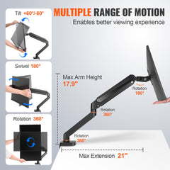 Single Monitor Mount, Supports 13"-32", 330-813 mm Screen, Fully Adjustable Gas Spring Monitor Arm, Hold up to 9.1 kg, Computer Monitor Stand Holder with C-Clamp/Grommet Mounting Base, VESA Mount Bracket