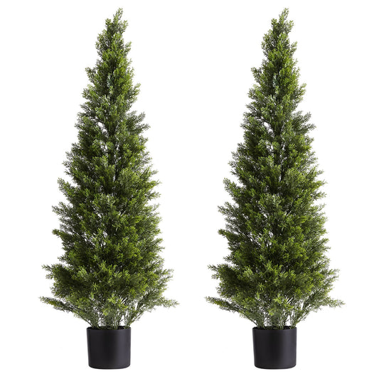 Artificial Topiary Cedar Trees, 2 Set 1219mm Faux Pine Shrubs Plants, Fake Silk Tree Look Real, Easy Assembly for Decor Front Porch Outdoor Patio Garden Balcony Backyard Indoor Office