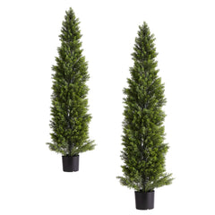 Artificial Topiary Cedar Trees, 2 Set 1524mm Faux Pine Shrubs Plants, Fake Silk Tree Look Real, Easy Assembly for Decor Front Porch Outdoor Patio Garden Balcony Backyard Indoor Office
