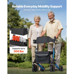 Rollator Walker with Seat for Seniors, Ultra Compact 3-Fold Rolling Walker, Lightweight Aluminum Mobility Walking Aid with PU Solid Wheels, Adjustable Handle, Cup & Cane Holder - Supports 136kg