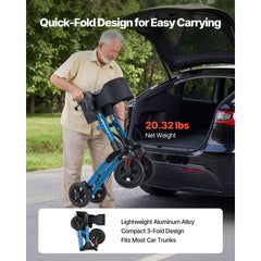 Rollator Walker with Seat for Seniors, Ultra Compact 3-Fold Rolling Walker, Lightweight Aluminum Mobility Walking Aid with PU Solid Wheels, Adjustable Handle, Cup & Cane Holder - Supports 136kg