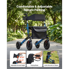 Rollator Walker with Seat for Seniors, Ultra Compact 3-Fold Rolling Walker, Lightweight Aluminum Mobility Walking Aid with PU Solid Wheels, Adjustable Handle, Cup & Cane Holder - Supports 136kg