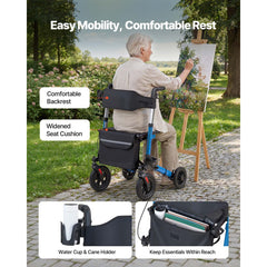 Rollator Walker with Seat for Seniors, Ultra Compact 3-Fold Rolling Walker, Lightweight Aluminum Mobility Walking Aid with PU Solid Wheels, Adjustable Handle, Cup & Cane Holder - Supports 136kg