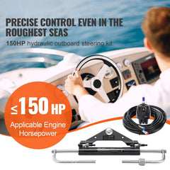 Hydraulic Outboard Steering Kit, 150HP, Marine Boat Hydraulic Steering System, with Helm Pump Two-Way Lock Cylinder and 24 Feet Hydraulic Steering Hose, for Single Station Single-Engine Boats