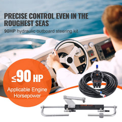 Hydraulic Outboard Steering Kit, 90HP, Marine Boat Hydraulic Steering System, with Helm Pump Two-Way Lock Cylinder and 24 Feet Hydraulic Steering Hose, for Single Station Single-Engine Boats