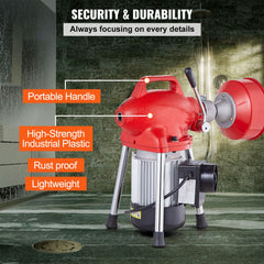 Drain Cleaner Machine 66FT x 5/8In 250W Sectional Snake Auger Manual Feed