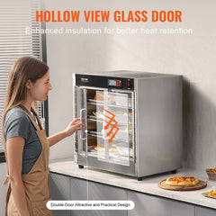 Hot Box Food Warmer, 4-Tier Concession Warmer with Water Tray, 4 Pans, Glass Double-door and Adjustable Shelves, Stainless Steel Food Warmer Cabinet, Ideal for Storing Pizza, Chicken, Restaurant